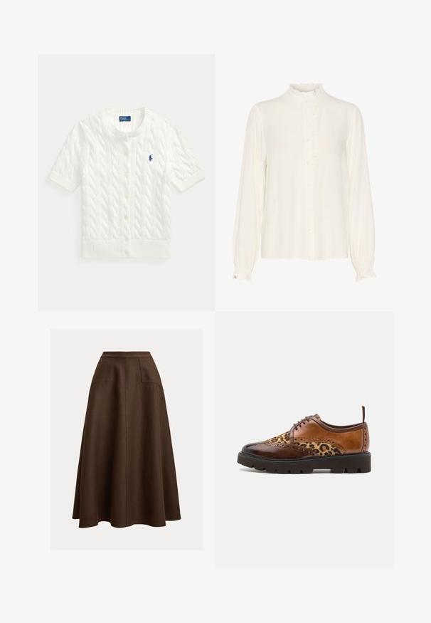 Cardigan blanc en tricot torsadé à manches courtes, col rond, boutons sur le devant, ourlet côtelé, avec petit logo Polo brodé bleu sur la poitrine.; Blouse blanche en tissu lisse, avec un col haut froncé, un devant à boutons et des manches longues avec des poignets froncés.; Jupe trapèze en lin marron à taille haute, avec deux poches frontales et une texture lisse, tombant sous le genou.; Chaussure en cuir brun à lacets avec des accents de motif léopard, surfaces lisses et texturées, bout rond et semelle épaisse et robuste.