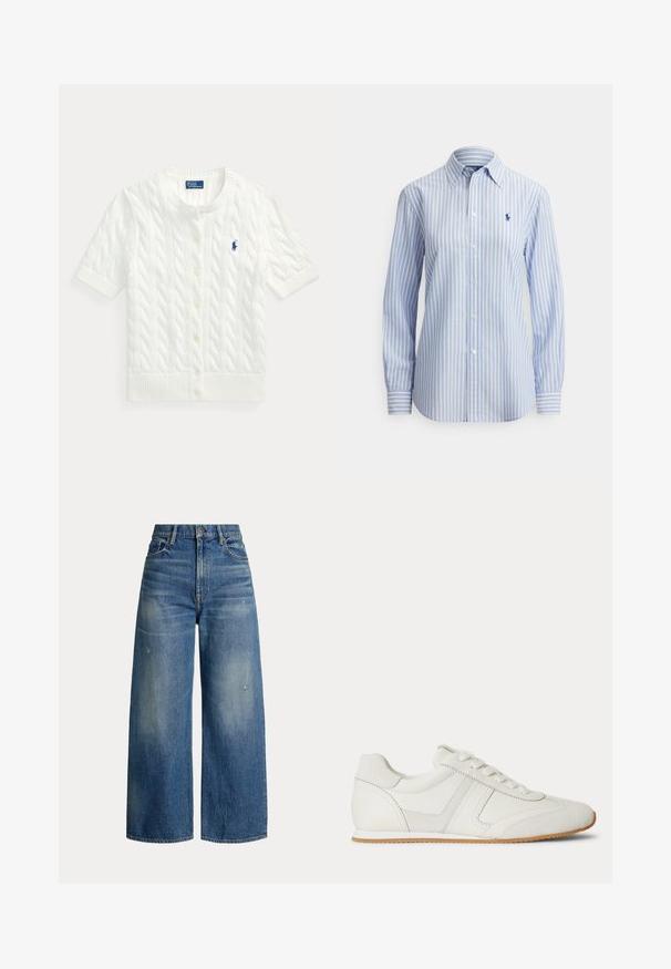 Cardigan blanc en tricot torsadé à manches courtes, col rond, boutons sur le devant, ourlet côtelé, avec petit logo Polo brodé bleu sur la poitrine.; Chemise à manches longues à rayures bleu clair et blanc avec un col classique et un petit logo sur la poitrine gauche. Tissu en coton.; Jean large en denim bleu clair, avec une taille haute, des zones décolorées et un design classique à cinq poches avec quincaillerie en métal.; Baskets basses blanches avec laçage à l'avant, panneaux en daim et cuir, et une semelle en caoutchouc marron clair sur fond blanc.