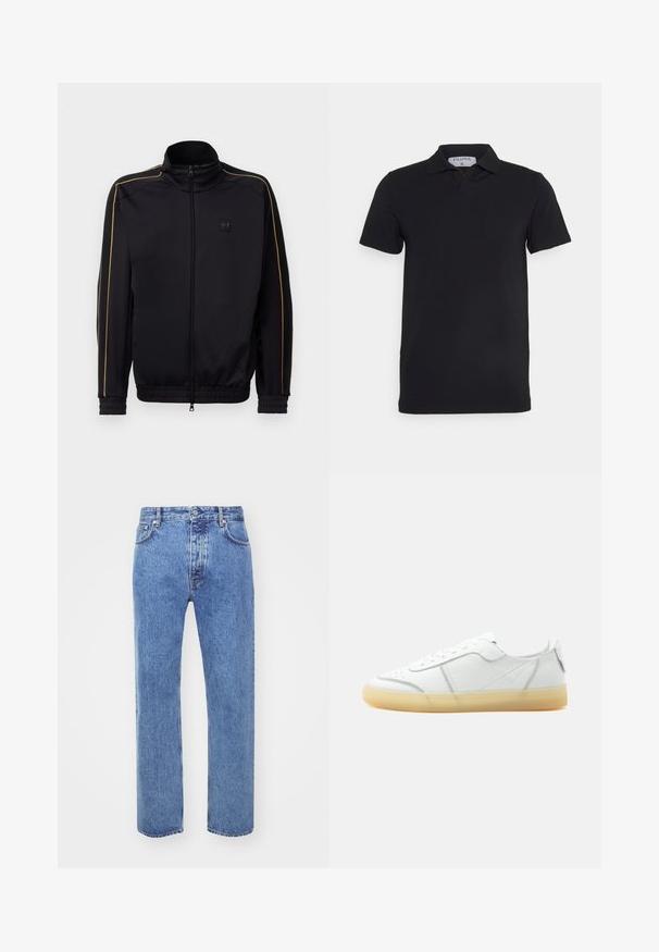 Sort zip-up træningsjakke med guld piping på ærmerne og skuldrene, elastiske manchetter og kant, samt et lille EA7-logo på brystet.; Sort kortærmet polo-shirt med klassisk krave, lavet af glat stof. Har et mærke med brandnavnet 'Filippa K' ved halsudskæringen.; Won Hundred STEVE - Jeans Relaxed Fit - cut blue; Hvid lavtop læder sneaker med beige gennemsigtig sål, snørelukning foran og minimal syning, vist fra siden mod en ensfarvet baggrund.