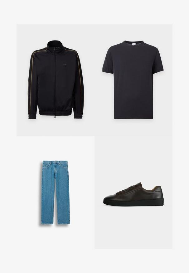Sort zip-up træningsjakke med guld piping på ærmerne og skuldrene, elastiske manchetter og kant, samt et lille EA7-logo på brystet.; Enkelt sort T-shirt med korte ærmer og rund hals, med en hvid mærkat på indersiden af kraven, vist mod en lys grå baggrund.; Blå straight-leg jeans i denim med forlommer, bæltestropper og knaplukning, vist mod en hvid baggrund.; Lavprofil mørkebrune lædersneaker med sort gummisål, snørelukning foran og glat minimalistisk design på lys baggrund.