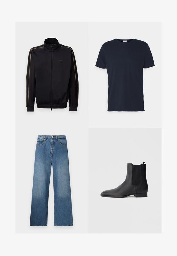Sort zip-up træningsjakke med guld piping på ærmerne og skuldrene, elastiske manchetter og kant, samt et lille EA7-logo på brystet.; Marineblå bomulds t-shirt med rund hals og korte ærmer, med en glat tekstur og enkel design, uden synlige mønstre eller accenter.; Bredde ben blå denim jeans med et klassisk fem-lomme design, frontlukning med knap og let falming for tekstur.; Sort læder Chelsea-støvle med elastiske sidepaneler og lav stakket hæl, vist i profil på en enkel lys baggrund.