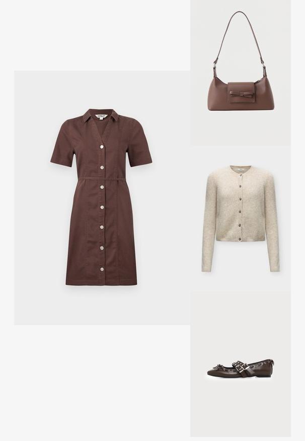Beige langærmet cardigan med knapper og rund halsudskæring, lavet af blødt strikstof.; Brun, kortærmet skjortekjole til knæet med knapper foran, en krave og en taljesøm.; Mørkebrune lædersko med flad sål og spids snude, dobbelt sølvsnørrebånd, metaløjer og dekorativ sløjfe foran.; Brun skuldertaske i læder med en frontlomme med klap, der har en sydd sløjfedetalje, og en justerbar rem.