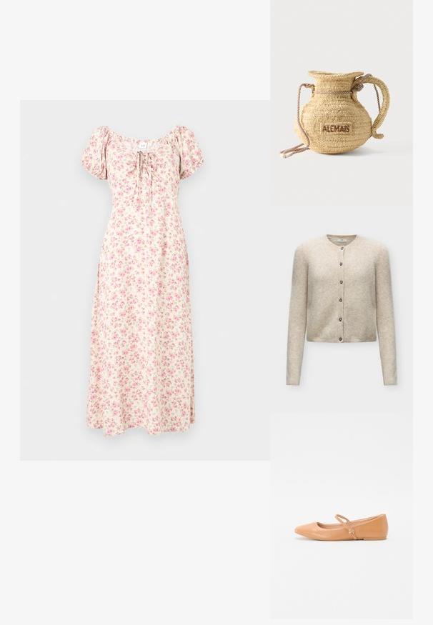 Cardigan beige à manches longues, boutonné, avec un col rond et six boutons, en tissu tricoté doux.; Robe midi crème à imprimé floral rose, manches bouffantes, encolure carrée et détail noué à l'avant.; Ballerines en cuir nues avec un bout pointu, une sangle extérieure et un détail en métal rond. Texture lisse et design minimaliste.; Sac à main rond en paille tissée avec une anse en corde et "ALEMAIS" brodé sur le côté en fil marron.