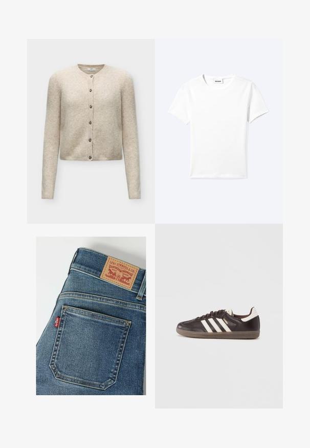 Beige langærmet cardigan med knapper og rund halsudskæring, lavet af blødt strikstof.; Ensfarvet hvid t-shirt med korte ærmer og rund halsudskæring med en lille "WEEKDAY" label indeni halskanten, vist fladt på en lys baggrund.; Baglomme på blå denim jeans med synlige orange syninger, Levi's røde stofmærke og en beige læderpatch med Levi Strauss & Co. logo på linningen.; Mørkebrune lædersneakers med hvidt tre-stribet design, en gummisål og "Samba" i gyldne bogstaver på siden. Klassisk lavtopform.