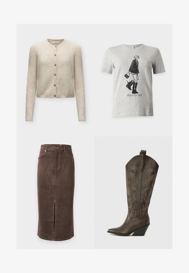 Beige langærmet cardigan med knapper og rund halsudskæring, lavet af blødt strikstof.; Lysegrå T-shirt med korte ærmer med en sort illustration af en kvinde i støvler og jakke, der holder en taske og teksten "Step out of style."; Brun ruskind pencilskørt med frontslids, kontrasterende hvid syning og klassisk fem-lomme design. Klassisk knaplukning i taljen.; Brune læder cowboystøvle med spids tå, kilehæl og dekorativ broderi. Har en høj stok og en trækflap.