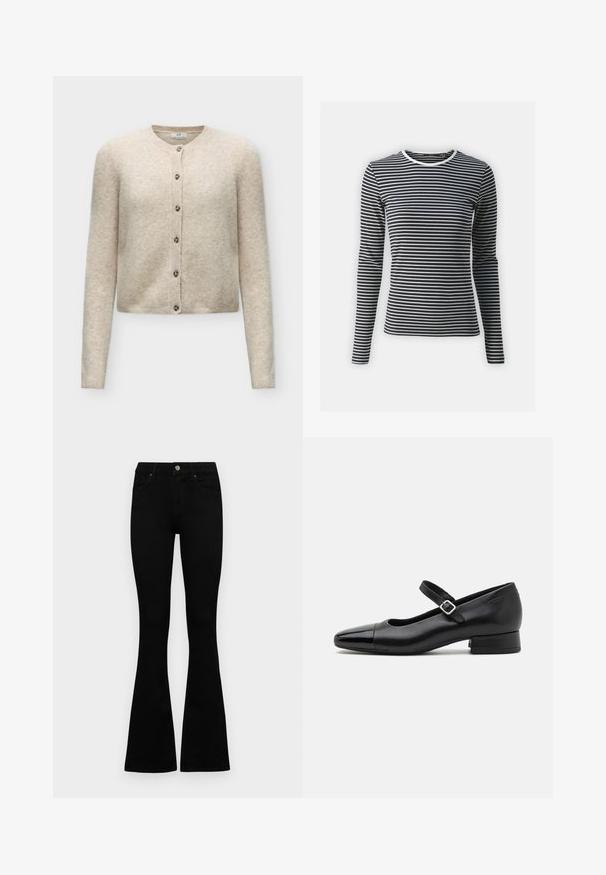 Beige lange mouw button-up cardigan met ronde hals en zes knopen, gemaakt van zachte gebreide stof.; Langarmshirt in zwart-witte horizontale strepen, met een ronde halslijn en geribbelde textuur. Gemaakt van rekbaar materiaal.; Zwarte hoge taille jeans met een knoop- en ritssluiting, voorzakken en een flared pijp, plat gelegd op een witte achtergrond.; Zwarte leren Mary Jane schoenen met een gepatenteerde neus, verstelbare enkelband en lage blokhak. Een gladde textuur en een elegante uitstraling.