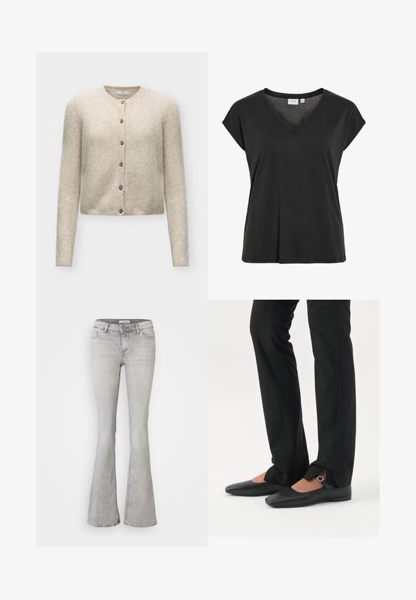 Cardigan beige à manches longues, boutonné, avec un col rond et six boutons, en tissu tricoté doux.; T-shirt noir avec encolure en V et manches courtes, en matériau doux, présentant une coupe décontractée et un détail minimal de couture.; Jeans en denim gris évasés avec une taille ajustée, un design à cinq poches et un léger délavage. Présentent une fermeture à bouton et un ourlet cousu.; Jambes vêtues d’un pantalon slim noir avec des fentes à l’avant de l’ourlet, assorties à des chaussures plates Mary Jane noires avec une petite bride à boucle.