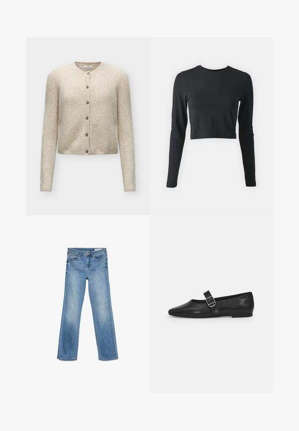 Beige langærmet cardigan med knapper og rund halsudskæring, lavet af blødt strikstof.; Sort cropped langærmet skjorte lavet af blød, strækbar stof. Har en rund halsudskæring og tætsiddende ærmer, med en ensfarvet overflade og ingen mønstre.; Lysblå denim jeans med klassisk fem-lomme design, knap- og lynlåslukning samt lige pasform.; Sorte læder flade sko med rund tå, et enkelt justerbart spænde og en glat, blank overflade. Minimalistisk design med en lav hæl.