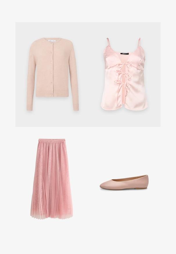 Helles rosa Cardigan aus weichem Material, mit rundem Halsausschnitt, fünf Knöpfen auf der Vorderseite sowie gerippten Bündchen und Saum.; Rosa Satin-Camisole mit verstellbaren Spaghetti-Trägern, ausgestattet mit einer vorderen Bindeschleife mit Schlaufen und einem V-Ausschnitt-Design. Glatte Textur und klare Linien.; Rosa plissierter Midirock mit einer Spitzenunterlage und einem gerafften Taillenbund, dargestellt auf einem weißen Hintergrund.; Rosa Leder-Ballerina mit spitz zulaufender Zehenpartie, glatter Textur, minimalen Akzenten und einer durchgehenden hellbraunen Sohle. Einfaches Design, ohne Verzierungen.