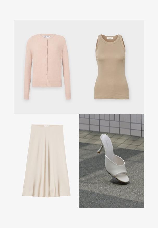 Helles rosa Cardigan aus weichem Material, mit rundem Halsausschnitt, fünf Knöpfen auf der Vorderseite sowie gerippten Bündchen und Saum.; Beige ärmelloses, tailliertes Damen-Top mit rundem Ausschnitt und Marc O'Polo Etikett auf der Rückseite des Innenkragens.; Ein knielanger Rock in cremefarbener Farbe, aus glattem Stoff, mit ausgestelltem Design und breitem Bund. Keine Muster oder Verzierungen vorhanden.; Weißer High-Heel-Pantolette mit offenem Zehenbereich schwebt über grauem Asphalt und vor einem Hintergrund aus gefliesten Wänden.