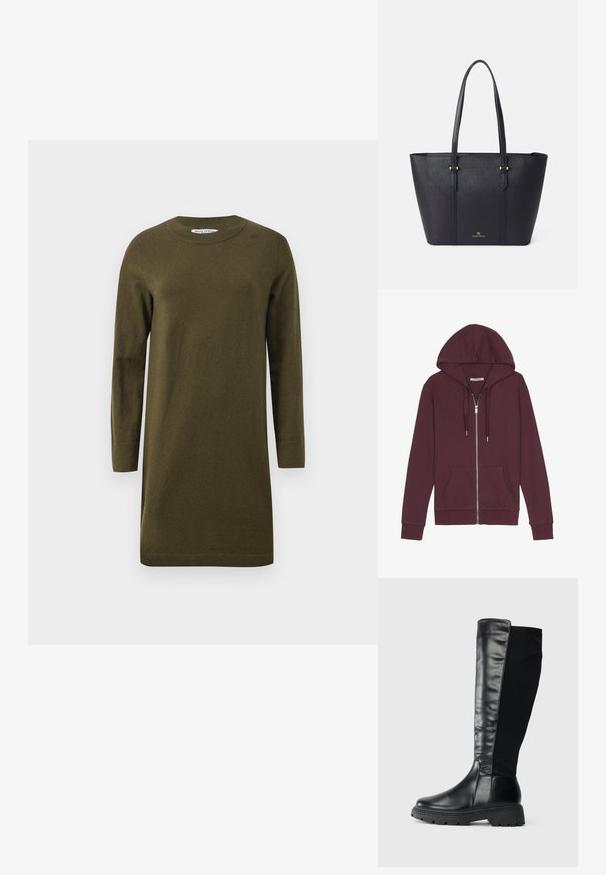Burgunderfarbener Reißverschluss-Hoodie mit verstellbarem Kapuzenzug, zwei Fronttaschen, gerippten Bündchen und einer glatten Stoffoberfläche.; Olivgrünes gestricktes Kleid mit langen Ärmeln, rundem Halsauschnitt und geripptem Saum. Einfaches, gerade geschnittenes Design mit einer weichen Textur.; Schwarze kniehohe Stiefel mit einer glatten Ledervorderseite und einem Stoffrücken, ausgestattet mit einer strukturierten Gummisohle und einer runden Zehenpartie.; Schwarze Tragetasche aus strukturiertem Material, mit zwei langen Griffen, goldfarbenen Hardware-Akzenten und geprägtem Markennamen am Boden.