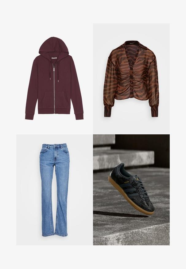 Burgunderfarbener Reißverschluss-Hoodie mit verstellbarem Kapuzenzug, zwei Fronttaschen, gerippten Bündchen und einer glatten Stoffoberfläche.; Gina Tricot SIVAN BLOUSE - Bluse - brown; Blaue Denim-Jeans mit geradem Bein, hoher Taille und fünf Taschen. Der Stoff weist eine ausgewaschene Optik und leichte Abnutzungserscheinungen auf.; Schwarzer Adidas Samba Sneaker mit strukturiertem Muster, Gummisohle und goldenem Logo, in der Luft über Betontreppen schwebend.