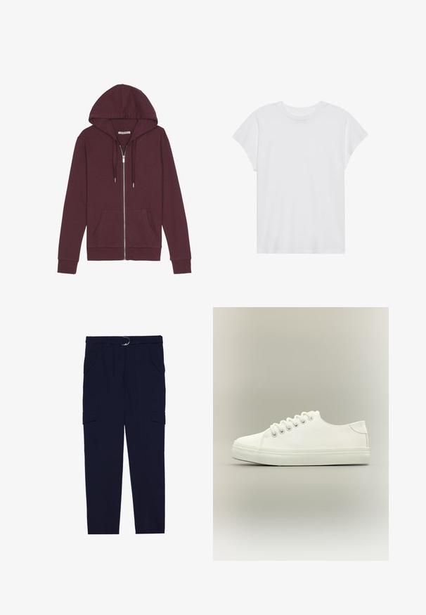 Haut à capuche zippé bourgogne avec un cordon de serrage, deux poches avant, des poignets côtelés et une texture de tissu lisse.; T-shirt blanc à manches courtes, col rond, coupe décontractée, en tissu de coton doux. Texture lisse, sans motifs ni logos.; Pantalons cargo navy avec une ceinture comportant un anneau en argent, quatre poches et un design de jambe fuselée, fabriqués en tissu doux et texturé.; Baskets basses blanches avec lacets blancs et semelle en caoutchouc, vues de côté sur un fond neutre.