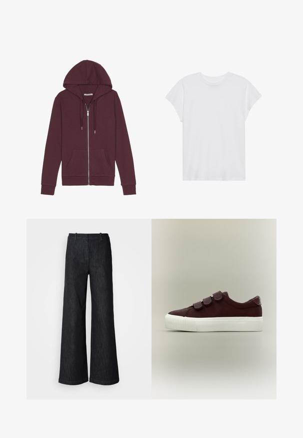 Burgunderfarbener Reißverschluss-Hoodie mit verstellbarem Kapuzenzug, zwei Fronttaschen, gerippten Bündchen und einer glatten Stoffoberfläche.; Weißes kurzärmliges T-Shirt mit Rundhalsausschnitt, lockerer Passform, aus weichem Baumwollstoff. Glatte Textur, keine Muster oder Logos.; Schwarze Jeanshosen mit weitem Bein und strukturierter Oberfläche, ausgestattet mit Gürtelschlaufen und einem sauberen Saum. Klassisches Design, geeignet für verschiedene Anlässe.; Niedriger dunkelbrauner Sneaker mit drei Klettverschlüssen und dicker weißer Gummisohle auf neutralem Hintergrund.