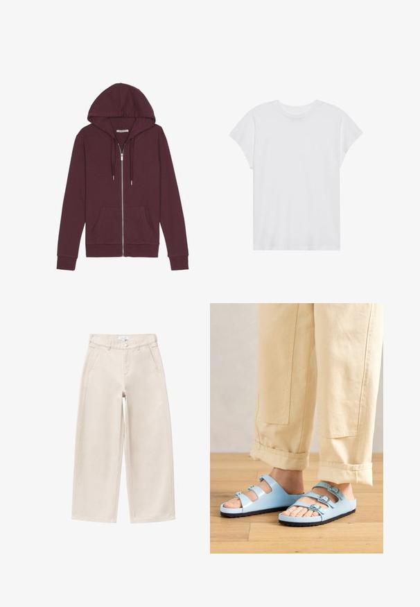 Burgunderfarbener Reißverschluss-Hoodie mit verstellbarem Kapuzenzug, zwei Fronttaschen, gerippten Bündchen und einer glatten Stoffoberfläche.; Weißes kurzärmliges T-Shirt mit Rundhalsausschnitt, lockerer Passform, aus weichem Baumwollstoff. Glatte Textur, keine Muster oder Logos.; Beige Hose mit weitem Bein, vorn Taschen, Gürtelschlaufen und Knopfverschluss, flach auf einem weißen Hintergrund liegend dargestellt.; Helle blaue Flip-Flops mit drei verstellbaren Riemen und silbernen Schnallen; strukturierte Sohle und glattes Obermaterial. Tragen mit hochgerollten beigen Hosen.
