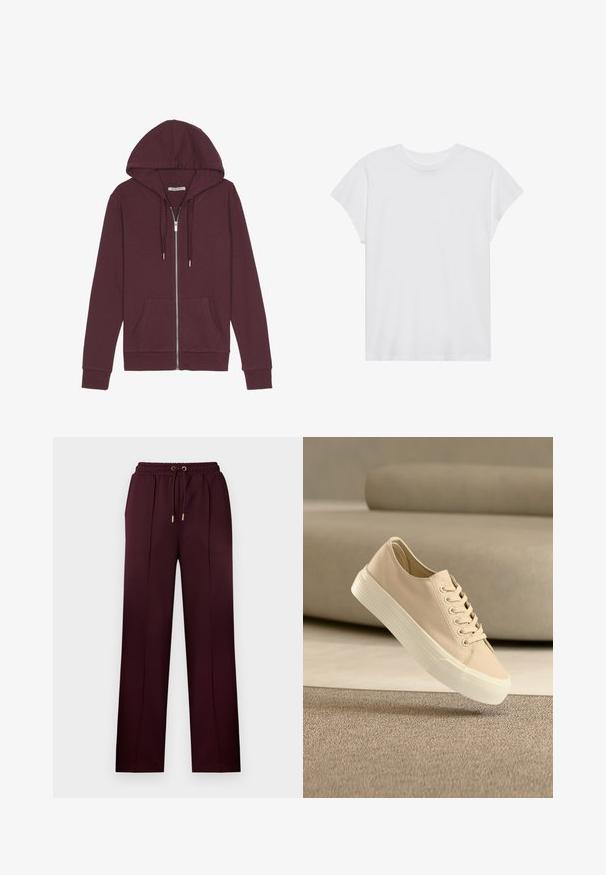 Burgunderfarbener Reißverschluss-Hoodie mit verstellbarem Kapuzenzug, zwei Fronttaschen, gerippten Bündchen und einer glatten Stoffoberfläche.; Weißes kurzärmliges T-Shirt mit Rundhalsausschnitt, lockerer Passform, aus weichem Baumwollstoff. Glatte Textur, keine Muster oder Logos.; Bordeauxrote Hose aus glattem Stoff, mit Kordelzugbund, Falten und einer lockeren Passform mit geraden Beinen. Goldfarbene Metallakzente.; Beiger Leinwand-Sneaker mit weißer, dicker Gummisohle, platziert auf einem strukturierten beigen Teppich, im Hintergrund ein rundes beiges Sofa.