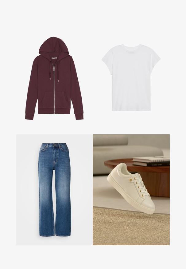 Burgunderfarbener Reißverschluss-Hoodie mit verstellbarem Kapuzenzug, zwei Fronttaschen, gerippten Bündchen und einer glatten Stoffoberfläche.; Weißes kurzärmliges T-Shirt mit Rundhalsausschnitt, lockerer Passform, aus weichem Baumwollstoff. Glatte Textur, keine Muster oder Logos.; Hochtaillierte, weit geschnittene blaue Denim-Jeans mit einem Farbverlauf, kupferfarbenen Nähten, einem Frontknopfverschluss und fünf Taschen.; Weißer Ledersneaker mit goldenen Ösen und Logospange, nahe einem runden Holztisch mit gestapelten Büchern in einem modernen Wohnzimmer platziert.