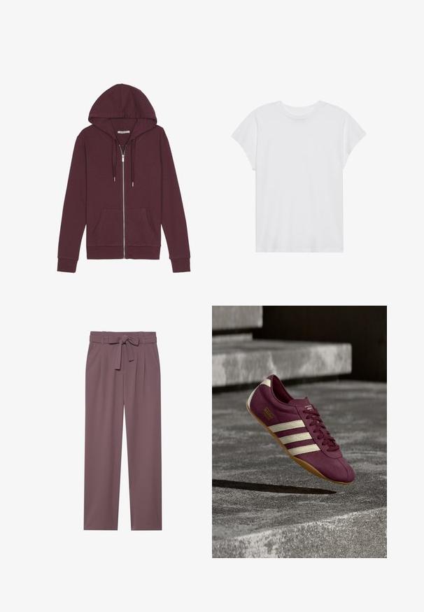 Burgunderfarbener Reißverschluss-Hoodie mit verstellbarem Kapuzenzug, zwei Fronttaschen, gerippten Bündchen und einer glatten Stoffoberfläche.; Weißes kurzärmliges T-Shirt mit Rundhalsausschnitt, lockerer Passform, aus weichem Baumwollstoff. Glatte Textur, keine Muster oder Logos.; Weinrote, weite Hosen mit einem taillierten Bund, gefaltetem Vorderteil und glatter Textur. Sie verfügen über Taschen an den Seiten und ein maßgeschneidertes Design.; Lila Adidas Tokyo Sneaker mit weißen Streifen und Gummisohle scheint bei sanfter Beleuchtung über Betonstufen zu schweben.