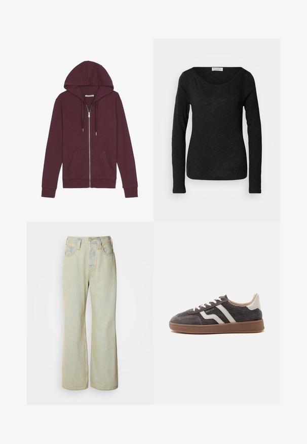 Burgunderfarbener Reißverschluss-Hoodie mit verstellbarem Kapuzenzug, zwei Fronttaschen, gerippten Bündchen und einer glatten Stoffoberfläche.; Schwarzes langärmliges Oberteil aus leichtem, strukturiertem Stoff. Hat einen runden Halsausschnitt und eine figurbetonte Silhouette mit minimalen Details.; Hellblaue Schlagjeans aus Denim mit hoher Taille, fünf Taschen und subtilen Ausbleichungen sowie kontrastierenden Nähakzenten.; Einzelner dunkelgrauer Sneaker mit weißen Lederakzenten, strukturierten Seiten, weißen Schnürsenkeln und brauner Gummisohle, im Profil auf schlichtem Hintergrund dargestellt.