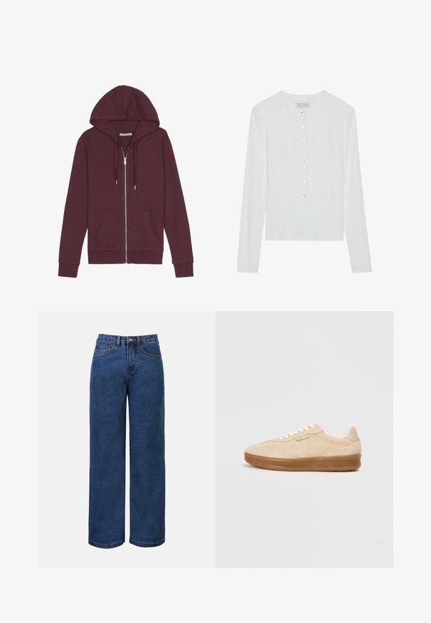 Burgunderfarbener Reißverschluss-Hoodie mit verstellbarem Kapuzenzug, zwei Fronttaschen, gerippten Bündchen und einer glatten Stoffoberfläche.; Weißes Langarmoberteil aus geripptem Stoff, mit einem runden Ausschnitt und einer Knopfleiste mit sechs transparenten Knöpfen.; Dunkelblaue Jeans im weit geschnittenen Design mit hoher Taille, ausgestattet mit einem Knopfverschluss, Gürtelschlaufen sowie vorderen und hinteren Taschen. Glatte Textur.; Beige Wildlederschuh mit einer strukturierten Gummisohle, cremefarbenen Schnürsenkeln und einem flauschigen Innenfutter. Verfügt über ein dezentes Markenlabel an der Seite.