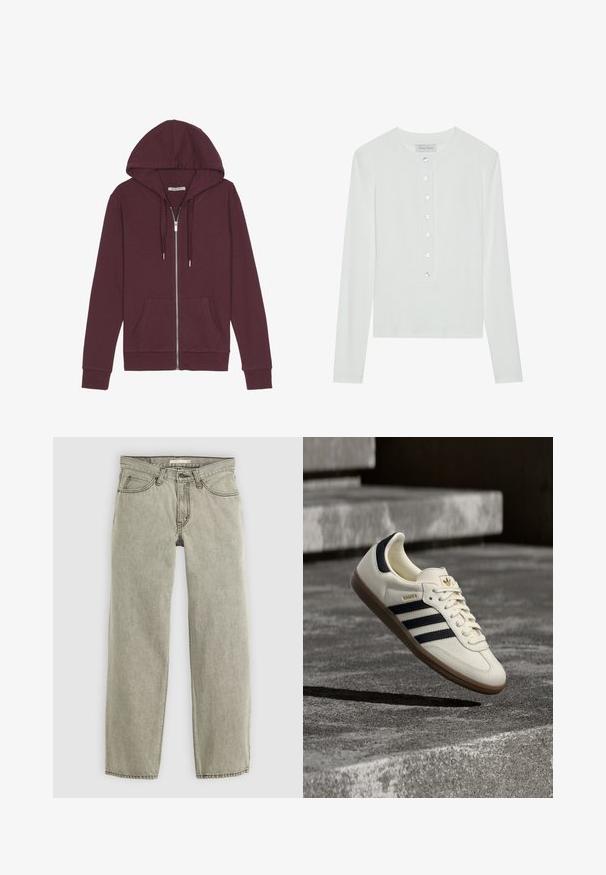 Bordeaux zip-up hoodie met een trekkoord capuchon, twee voorzakken, geribbelde manchetten en een gladde stofstructuur.; Witte lange mouwen top van ribstof, met een ronde halslijn en een knopenfront met zes doorzichtige knopen.; Lichtgrijze rechte jeans met een sluiting met knoop en rits aan de voorkant, riemlussen en een vijf-pocket ontwerp.; Witte Adidas Samba sneaker met zwarte strepen en gumzool, zwevend boven gestructureerde grijze betonnen treden.