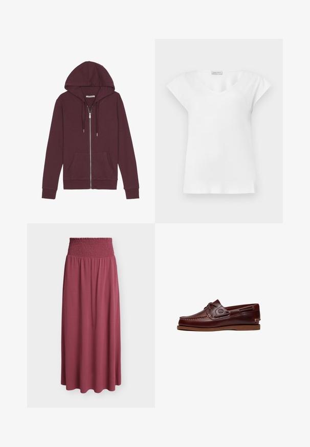 Burgunderfarbener Reißverschluss-Hoodie mit verstellbarem Kapuzenzug, zwei Fronttaschen, gerippten Bündchen und einer glatten Stoffoberfläche.; Weiße Bluse mit kurzen Ärmeln, rundem Ausschnitt und kleinem Markenetikett nahe dem Kragen.; Langer Rock in Malvenfarbe mit einem breiten, gerafften elastischen Bund und weichem, fließendem Stoff bis zum Saum.; Brauner Leder-Bootsschuh mit Schnürsenkeln, Nahtdetails und Timberland-Logo an der Seite, auf weißem Hintergrund gezeigt.