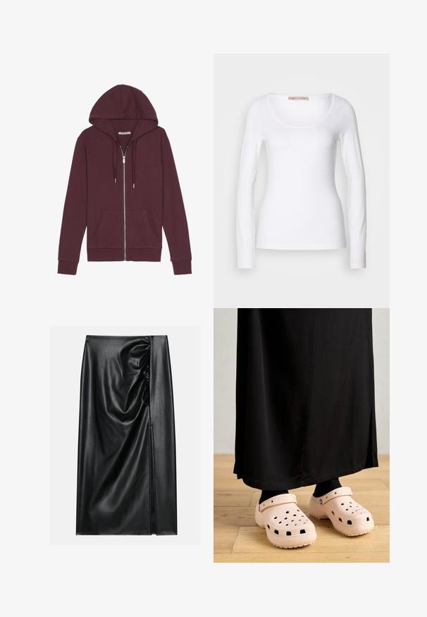 Burgunderfarbener Reißverschluss-Hoodie mit verstellbarem Kapuzenzug, zwei Fronttaschen, gerippten Bündchen und einer glatten Stoffoberfläche.; Langärmliges, weißes Baumwoll-T-Shirt mit einem U-Ausschnitt und einer figurbetonten Passform, glatter Textur und ohne Verzierung.; Schwarzer Lederrock mit glatter Textur, der auf einer Seite einen gerafften Abschnitt und einen seitlichen Schlitz für zusätzlichen Detailreichtum aufweist.; Rosa Gummiklapper mit Belüftungsöffnungen, einer dicken Sohle und einem Riemen um die Ferse, kombiniert mit einem schwarzen langen Rock.
