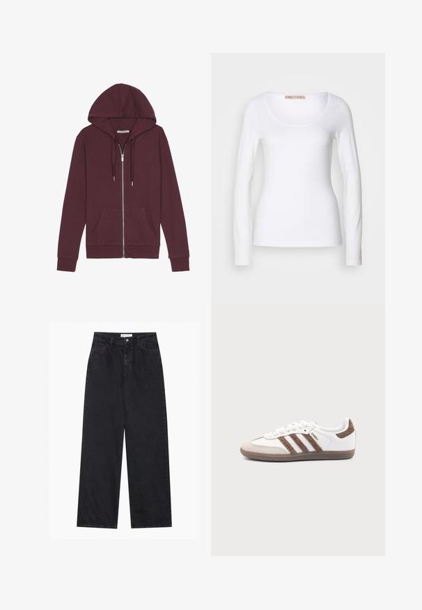 Burgunderfarbener Reißverschluss-Hoodie mit verstellbarem Kapuzenzug, zwei Fronttaschen, gerippten Bündchen und einer glatten Stoffoberfläche.; Langärmliges, weißes Baumwoll-T-Shirt mit einem U-Ausschnitt und einer figurbetonten Passform, glatter Textur und ohne Verzierung.; Schwarze hoch geschnittene, weit geschnittene Jeans aus Denim mit Vorderknopf- und Reißverschluss, Gürtelschlaufen und fünf Taschen.; Weißer Adidas Samba Sneaker mit braunen Wildlederstreifen, brauner Gummisohle und beiger Wildlederkappe, von der Außenseite auf schlichtem Hintergrund gezeigt.