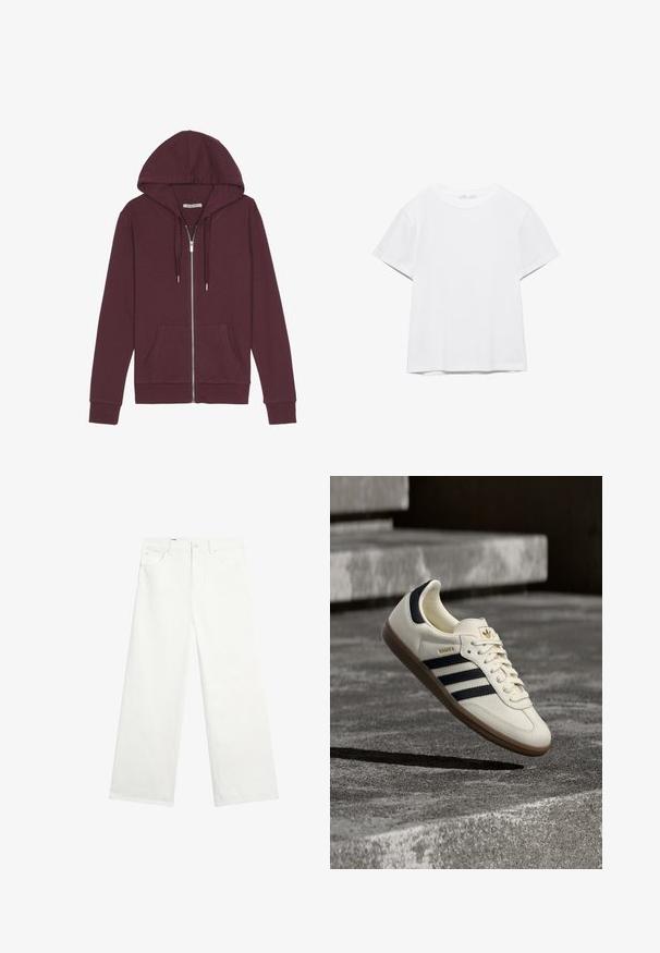 Burgunderfarbener Reißverschluss-Hoodie mit verstellbarem Kapuzenzug, zwei Fronttaschen, gerippten Bündchen und einer glatten Stoffoberfläche.; Unifarbenes weißes T-Shirt mit kurzen Ärmeln und Rundhalsausschnitt, gerader Saum, dargestellt auf weißem Hintergrund.; Weiße Jeans mit weitem Bein, Frontknopf, Gürtelschlaufen und Seitentaschen, auf einem einfachen weißen Hintergrund präsentiert.; Weißer Adidas Samba Sneaker mit schwarzen Streifen und Gummisohle, schwebend über strukturierten grauen Betontreppen.
