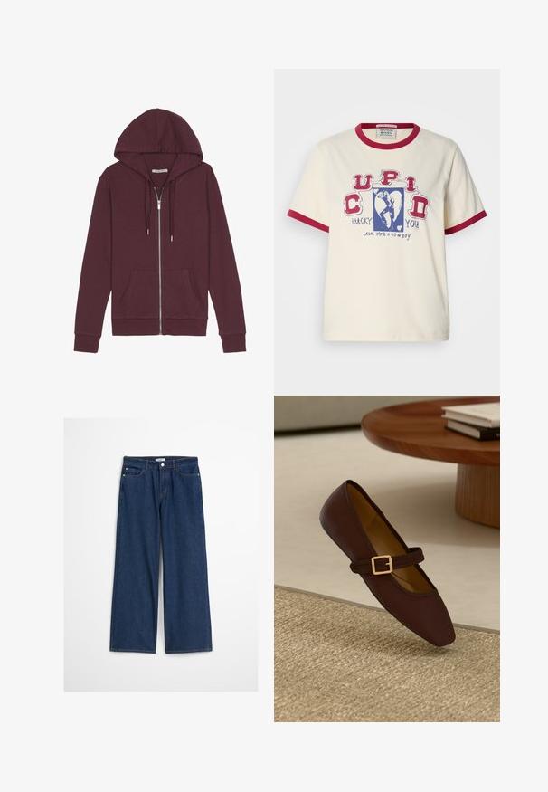Burgundy vetoinen huppari, jossa on kiristettävä huppu, kaksi etutaskua, ribbauskankaiset hihansuut ja sileä kangas.; Lyhythihainen kermavärinen T-paita, jossa on punainen ribbineulekaulus ja -hihat. Paidassa on sininen grafiikkakuva, jossa lukee "Cupid Lucky You Aim for a Cowboy."; Tummansiniset leveälahkeiset farkut, joissa on korkea vyötärö, valmistettu denimmateriaalista. Varustettu etutaskuilla, vyölenkeillä ja nappisuljinnalla. Klassinen muotoilu.; Ruskea nahkainen tasapohjainen kengät, joissa on terävä kärki ja koristeellinen hihna, jossa on kultainen solki. Lämmin beige kudottu taustateksti.