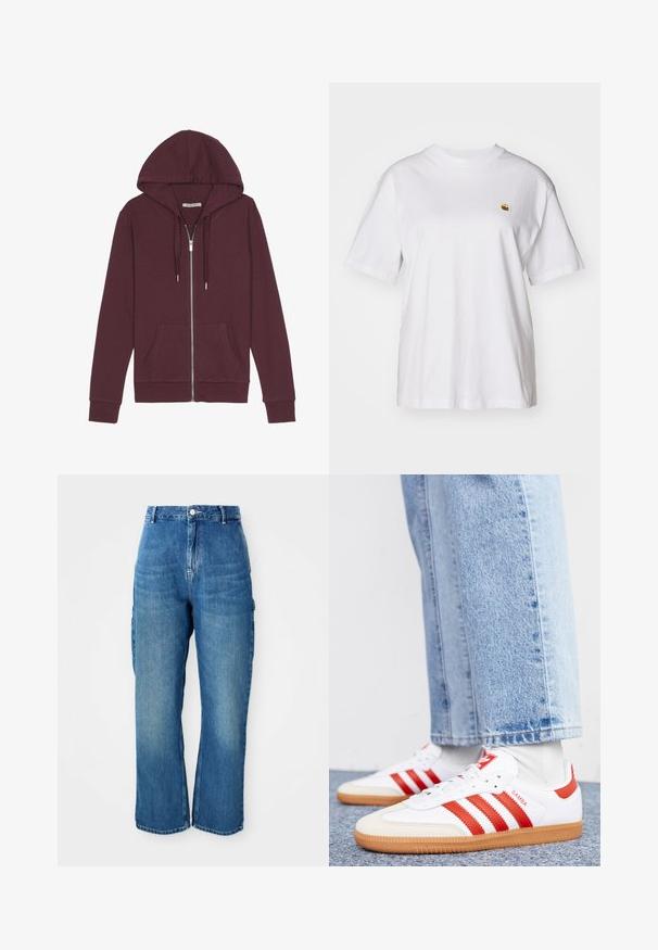 Burgunderfarbener Reißverschluss-Hoodie mit verstellbarem Kapuzenzug, zwei Fronttaschen, gerippten Bündchen und einer glatten Stoffoberfläche.; Weißes Baumwoll-T-Shirt mit lockerem Schnitt, kurzen Ärmeln und einem kleinen gestickten Logo auf der linken Brustseite.; Hoch taillierte, gerade geschnittene blaue Denim-Jeans mit vorderem Knopf, Reißverschluss und seitlichen Cargo-Taschen auf einem weißen Hintergrund.; Weiße Leder Sneaker mit roten Streifen und Akzenten. Verfügt über eine strukturierte Gummi-Laufsohle und einen gepolsterten Schaft. Tragen mit hellblauer Jeans.
