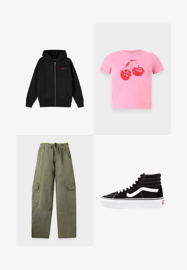 Zwarte zip-up hoodie met een frontzak, geribbelde manchetten en een geborduurd roze logo op de linkerborst. Gemaakt van zachte stof.; Korte roze katoenen T-shirt met een opvallend rood kersenontwerp met groene steeltjes. Klassieke ronde hals en korte mouwen.; Olivgroene cargobroek met trekkoord in de taille, zijzakken, klepzakken op de dijen en rechte wijde pijpen.; Zwarte high-top sneakers met witte veters, een wit logo en contrasterende witte stiksels. Heeft een dikke witte zool en een bovenwerk van gestructureerd suede.