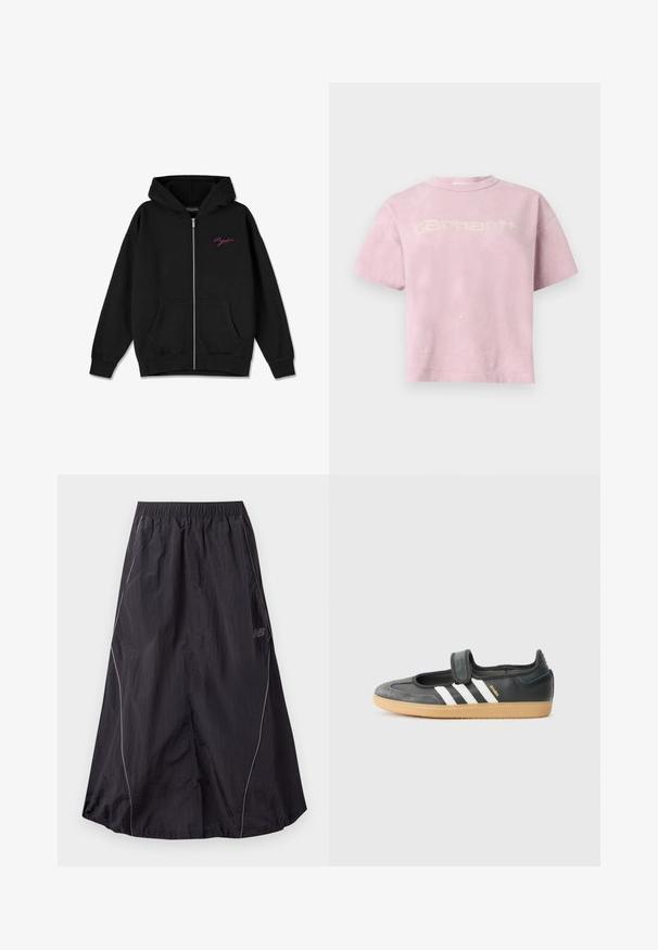Hoodie zippé noir avec une poche frontale, des poignets côtelés, et un logo rose brodé sur la poitrine gauche. Fabriqué en tissu doux.; T-shirt oversize rose clair à manches courtes avec logo blanc délavé "Carhartt" sur la poitrine et détails subtils de taches de peinture.; Jupe de sport légère en nylon noir avec taille élastique et passepoil réfléchissant discret sur les côtés, logo New Balance sur le côté droit.; Sneaker en cuir noir et suède avec une sangle Velcro, arborant trois bandes blanches et une semelle en caoutchouc, étiqueté "SAMBA" sur le côté.