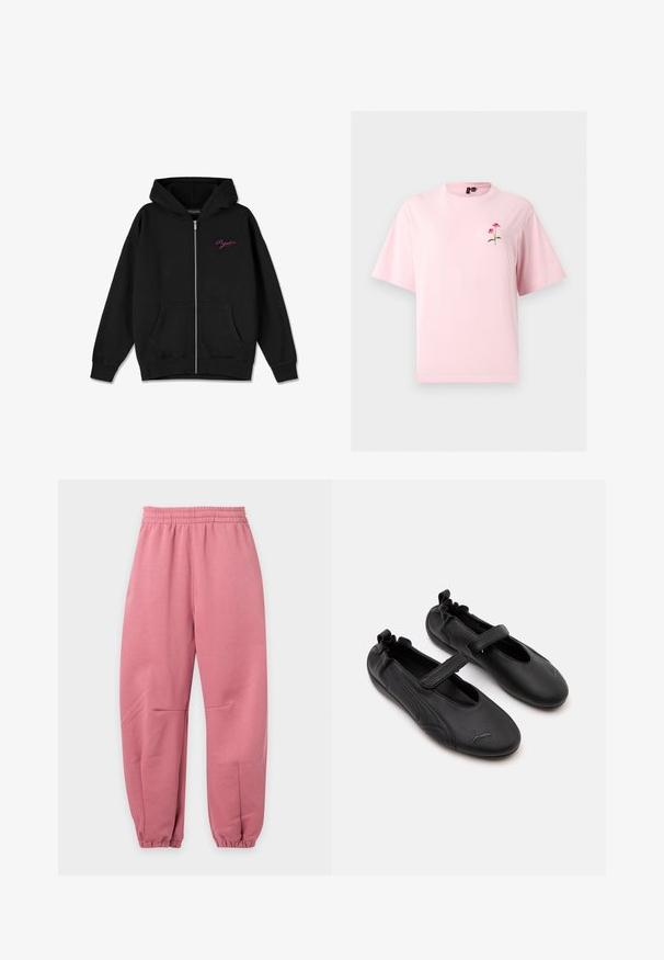 Hoodie zippé noir avec une poche frontale, des poignets côtelés, et un logo rose brodé sur la poitrine gauche. Fabriqué en tissu doux.; T-shirt rose clair à manches courtes avec une petite fleur rouge et des feuilles vertes brodées sur la poitrine gauche.; Pantalon de jogging rose avec ceinture et chevilles élastiques, coupe décontractée, présenté sur fond blanc uni.; Paire de chaussures en cuir noir style Mary Jane avec arrière élastiqué et bride velcro, avec un logo Puma discret sur chaque orteil.