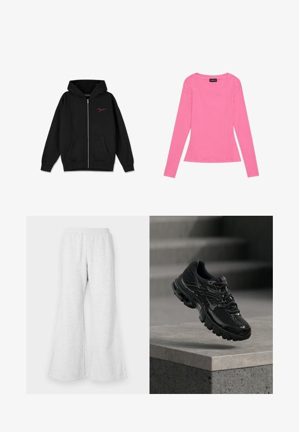 Hoodie zippé noir avec une poche frontale, des poignets côtelés, et un logo rose brodé sur la poitrine gauche. Fabriqué en tissu doux.; T-shirt à manches longues en ribbed rose vif, doté d'un large col rond et d'une silhouette ajustée. Le tissu est lisse avec une texture subtile.; Pantalons de survêtement évasés gris clair avec une taille élastique, fabriqués en tissu doux et texturé. Présente une coupe décontractée et de larges ouvertures aux jambes.; Chaussure de course noire Nike avec tige en mesh et synthétique flottant au-dessus d'une surface en béton avec des marches en arrière-plan.