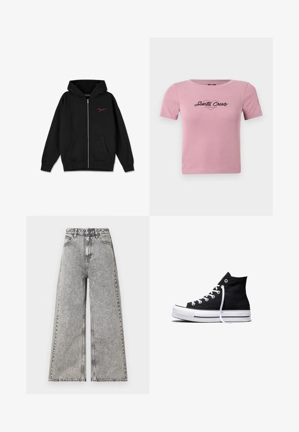 Hoodie zippé noir avec une poche frontale, des poignets côtelés, et un logo rose brodé sur la poitrine gauche. Fabriqué en tissu doux.; T-shirt rose court en tissu côtelé, présentant un graphique noir "Santa Cruz" sur la poitrine et un petit détail en forme de cœur sur la manche.; Jean large en denim noir délavé, avec une taille haute, un design classique à cinq poches et des détails de couture visibles.; Baskets montantes en toile noire avec semelle en caoutchouc blanche et lacets blancs, vues de côté sur un fond blanc.