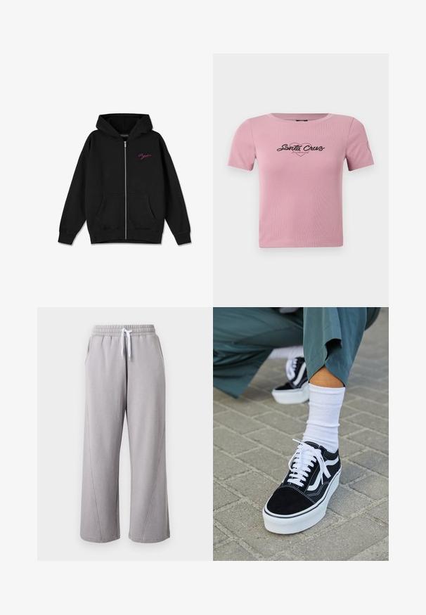 Hoodie zippé noir avec une poche frontale, des poignets côtelés, et un logo rose brodé sur la poitrine gauche. Fabriqué en tissu doux.; T-shirt rose court en tissu côtelé, présentant un graphique noir "Santa Cruz" sur la poitrine et un petit détail en forme de cœur sur la manche.; Pantalon de jogging gris clair à jambes larges avec taille élastique et cordon blanc, doté de poches latérales et de détails de couture le long des jambes.; Baskets en suède noir avec des accents et des lacets blancs, présentant une épaisse semelle blanche et des coutures contrastantes, associées à une chaussette blanche.