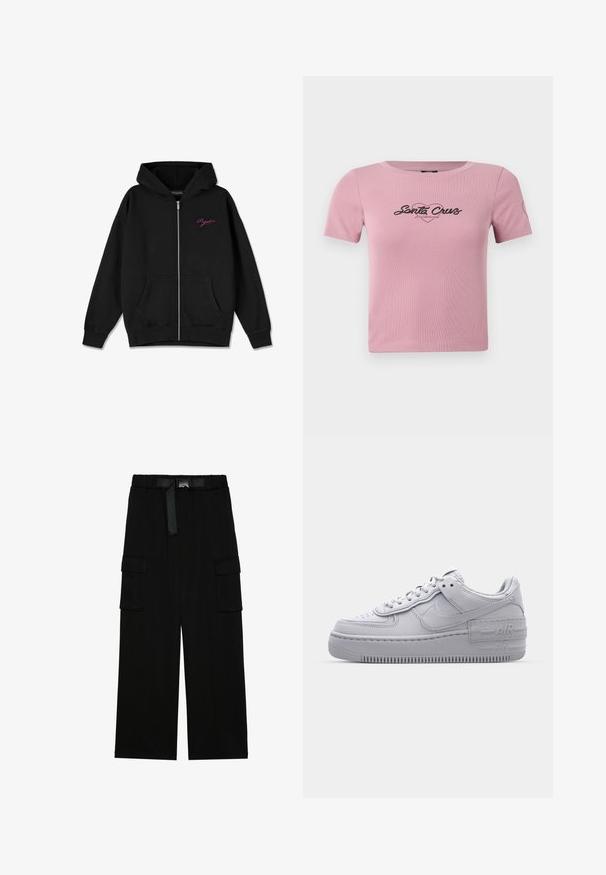 Zwarte zip-up hoodie met een frontzak, geribbelde manchetten en een geborduurd roze logo op de linkerborst. Gemaakt van zachte stof.; Korte roze t-shirt van ribstof, met een zwart "Santa Cruz" graphic op de borst en een klein hartdetail op de mouw.; Zwarte cargobroek met een wijd gesneden ontwerp, elastische tailleband met een riem, en twee grote zijzakken voor opslag.; Grijze Nike Air Force 1 sneaker met geperforeerde neus, glad leren bovenwerk, dikke zool en verhoogde 'AIR' details op de hiel.