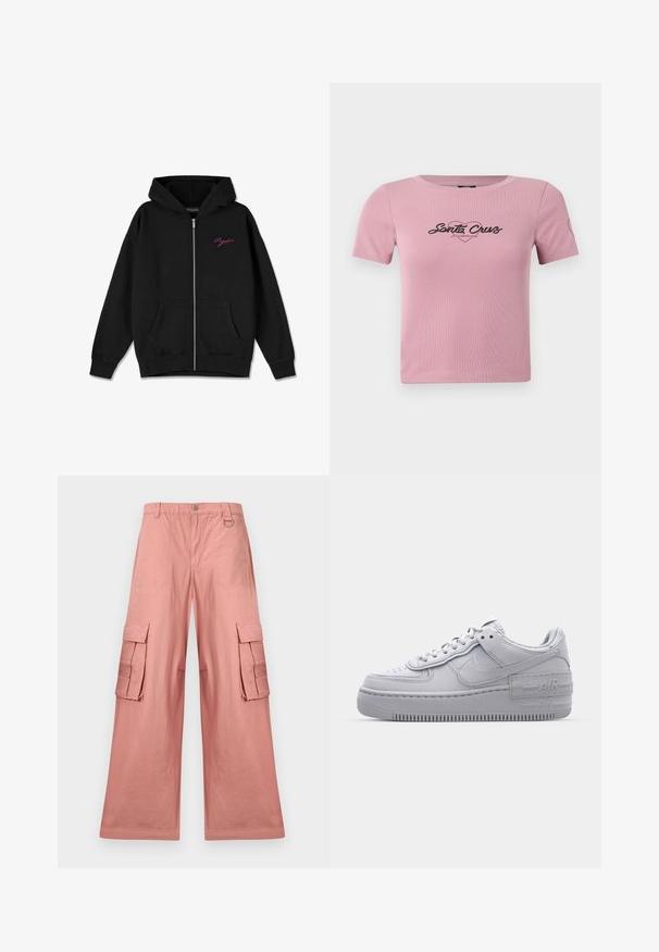 Zwarte zip-up hoodie met een frontzak, geribbelde manchetten en een geborduurd roze logo op de linkerborst. Gemaakt van zachte stof.; Korte roze t-shirt van ribstof, met een zwart "Santa Cruz" graphic op de borst en een klein hartdetail op de mouw.; Roze cargobroek met wijde pijpen, voorflappentassen, elastische tailleband, knoopsluiting, ringdetail en plooien in de zijnaden.; Grijze Nike Air Force 1 sneaker met geperforeerde neus, glad leren bovenwerk, dikke zool en verhoogde 'AIR' details op de hiel.