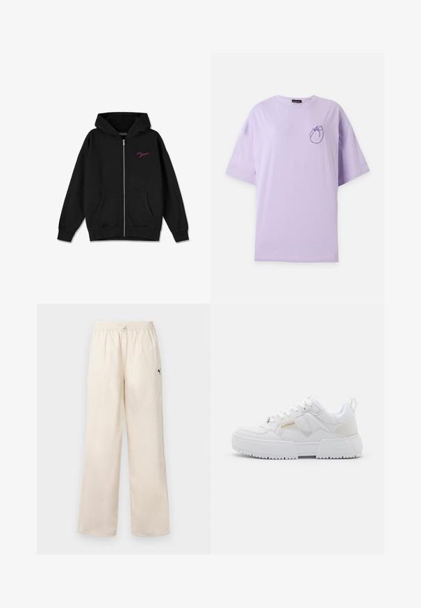 Hoodie zippé noir avec une poche frontale, des poignets côtelés, et un logo rose brodé sur la poitrine gauche. Fabriqué en tissu doux.; T-shirt violet clair à manches courtes avec un petit contour violet foncé d’un chat recroquevillé sur le côté gauche de la poitrine.; Pantalons larges beige clair avec une taille élastique et un cordon de serrage. Dotés d'un petit logo noir sur le côté. Texture lisse.; Baskets blanches au design chunky, en cuir et matériaux synthétiques, avec des détails texturés, des lacets et un logo proéminent en doré.