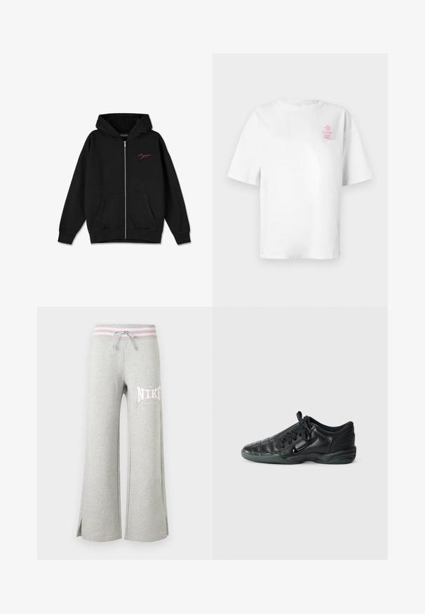Hoodie zippé noir avec une poche frontale, des poignets côtelés, et un logo rose brodé sur la poitrine gauche. Fabriqué en tissu doux.; T-shirt en coton blanc à manches courtes, col rond, avec un petit logo rose "Vacation Club" sur le côté gauche de la poitrine.; Pantalon de survêtement gris clair à jambes larges avec ceinture rayée rose, cordon de serrage, fentes sur les côtés et logo Nike blanc sur la cuisse gauche.; Chaussure de sport en cuir noir avec un design matelassé, bout arrondi, lacets à l'avant et semelle en caoutchouc. Présente une marque discrète sur le côté.