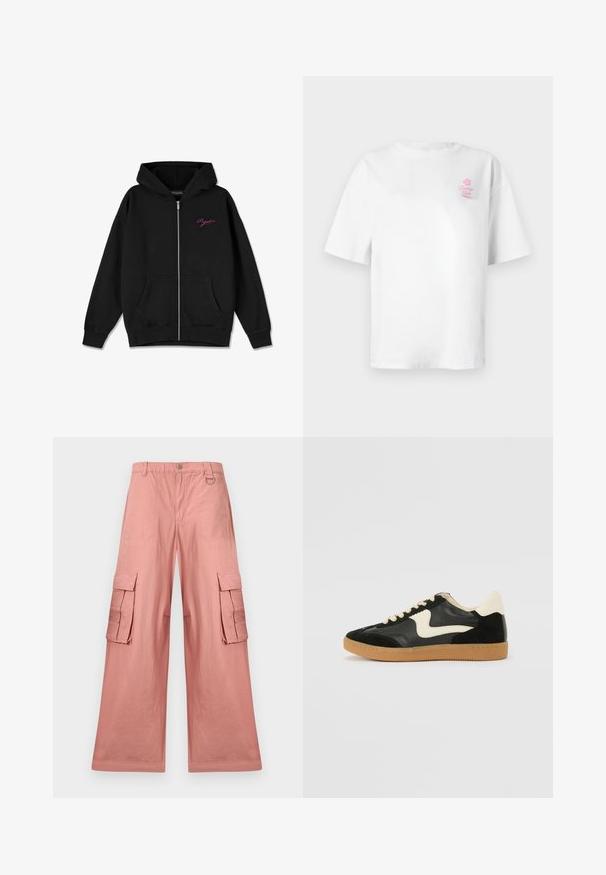 Schwarze Zip-Hoodie mit einer vorderen Tasche, gerippten Bündchen und einem gestickten pinken Logo auf der linken Brust. Aus weichem Stoff gefertigt.; Weißes Baumwoll-T-Shirt mit kurzen Ärmeln und rundem Ausschnitt, mit einem kleinen pinkfarbenen "Vacation Club"-Logo auf der linken Brust.; Rosa weit geschnittene Cargo-Hosen mit vorderen Klappentaschen, elastischem Bund, Knopfverschluss, Ringdetail und Falten an der Seitennaht.; Schwarze Wildleder- und Leder-Sneaker mit einem cremefarbenen Seiten-Swoosh und einer hellcremefarbenen Ferse. Ausgestattet mit beige Schnürsenkeln und einer Gummilaufsohle.