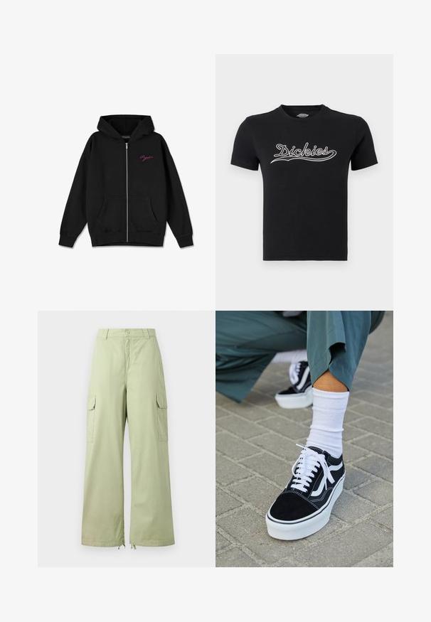 Hoodie zippé noir avec une poche frontale, des poignets côtelés, et un logo rose brodé sur la poitrine gauche. Fabriqué en tissu doux.; T-shirt noir à manches courtes avec col rond et logo "Dickies" en lettres blanches centré sur la poitrine.; Pantalons cargo vert clair avec jambes larges, en coton. Présente deux poches latérales et une fermeture à bouton. Texture lisse et design décontracté.; Baskets en suède noir avec des accents et des lacets blancs, présentant une épaisse semelle blanche et des coutures contrastantes, associées à une chaussette blanche.