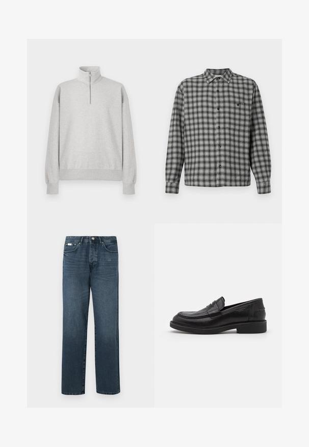 Lys grå zip-up sweatshirt med høj krave, ribbede manchetter og kant. Fremstillet af blødt, struktureret stof med en afslappet pasform.; Sort og grå ternet skjorte med lange ærmer, krave og sorte knapper. Tøjet virker tekstureret med et vævet mønster.; Mørkeblå denimbukser med lige pasform, fem lommer, bæltestropper og lynlås. Glat tekstur med subtile blegede detaljer.; Sorte læder loafers med en rund tå, tonale syninger og en stropdetalje foran. Gummisål med en lav hæl.