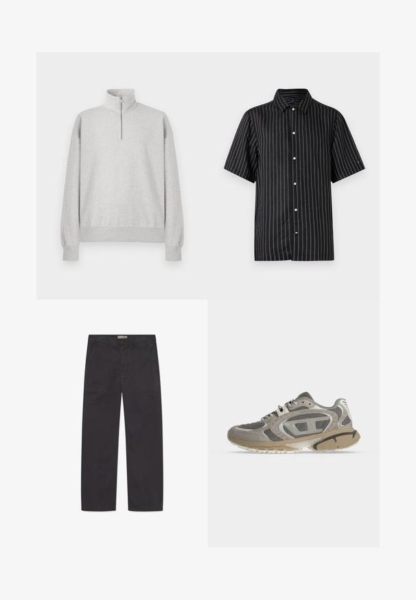 Lys grå zip-up sweatshirt med høj krave, ribbede manchetter og kant. Fremstillet af blødt, struktureret stof med en afslappet pasform.; Sort kortærmet skjorte med knapper og hvide lodrette nålestriber samt klassisk krave, lagt fladt på en hvid baggrund.; WOOD WOOD WWHEINO - Bukser - black; Grå og beige atletiksko med mesh-stof, ruskindsoverlejringer, mønstret sål og snørelukning vist fra ydersiden på en hvid baggrund.
