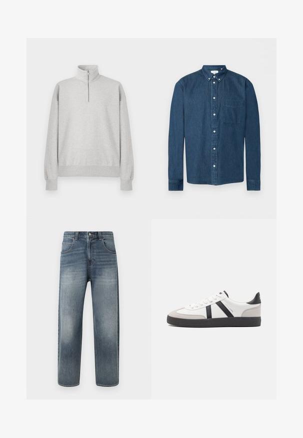 Lys grå zip-up sweatshirt med høj krave, ribbede manchetter og kant. Fremstillet af blødt, struktureret stof med en afslappet pasform.; Mørkeblå denimskjorte med knapper, lange ærmer, en forlommer til venstre og en knaplukket krave, vist på en hvid baggrund.; Lyseblå denimjeans med lige pasform, der har fem lommer, lynlås og diskret falmning på benene. Afsluttet med syningsdetaljer.; Hvide sneakers med sorte og grå detaljer, med en tekstureret grå tåhætte, sort gummisål og flade hvide snørebånd. Rent design, minimalistisk stil.