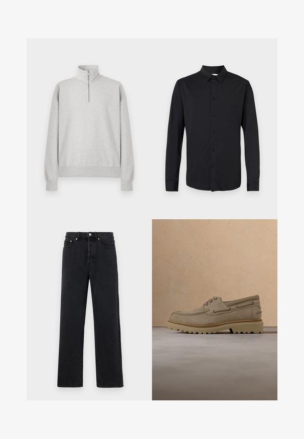 Lys grå zip-up sweatshirt med høj krave, ribbede manchetter og kant. Fremstillet af blødt, struktureret stof med en afslappet pasform.; Sort langærmet skjorte med knapper, der har en krave, forreste knapper, og et glat, mat finishstof. Ingen synlige mønstre eller detaljer.; Sorte denim straight-leg jeans med høj talje, fem lommer og metalknaplukning. Stof har en glat tekstur og let glans.; Beige ruskind casual snørestøvle med tyk, rillet sål, vist i luften over matchende beige struktureret overflade og baggrund.