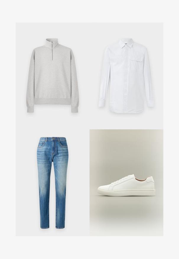 Lys grå zip-up sweatshirt med høj krave, ribbede manchetter og kant. Fremstillet af blødt, struktureret stof med en afslappet pasform.; Hvid langærmet skjorte med knapper og subtile lodrette striber, brystlomme med knapklap og klassisk krave på en ensfarvet baggrund.; Lyseblå denimjeans med lige ben, høj talje, subtilt slid og klassisk fem-lomme-design. Metalknaplukning.; Hvid lavt snøresko med snørelukning og flad sål, vist fra siden på en neutral baggrund.