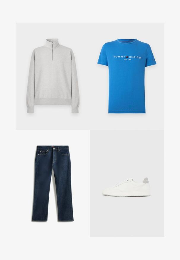 Lys grå zip-up sweatshirt med høj krave, ribbede manchetter og kant. Fremstillet af blødt, struktureret stof med en afslappet pasform.; Blå bomulds t-shirt med korte ærmer og rund halsudskæring, med hvid "TOMMY HILFIGER EST. 1985" logo på brystet, minimalistisk design, glat tekstur.; Mørkeblå straight-leg denimjeans med knaplukning og fem-lomme design, vist fladt på en hvid baggrund.; Hvid lavtop-sneaker med gråt hælflig, hvide snørebånd og tekstureret sål, vist på en ensfarvet lys baggrund.
