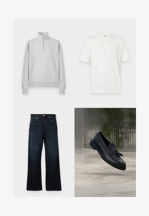 Lys grå zip-up sweatshirt med høj krave, ribbede manchetter og kant. Fremstillet af blødt, struktureret stof med en afslappet pasform.; Hvid, ensfarvet T-shirt med korte ærmer og rund hals med ribkant, vist på en lysegrå baggrund.; Mørkeblå lige ben jeans med klassisk fem-lomme design, bæltestropper og subtile falmede detaljer foran og på knæene.; Sorte læderloafers med en glat tekstur, en rundet tå og dekorative kvaster foran. Fleksibel gummisål med lav hæl.